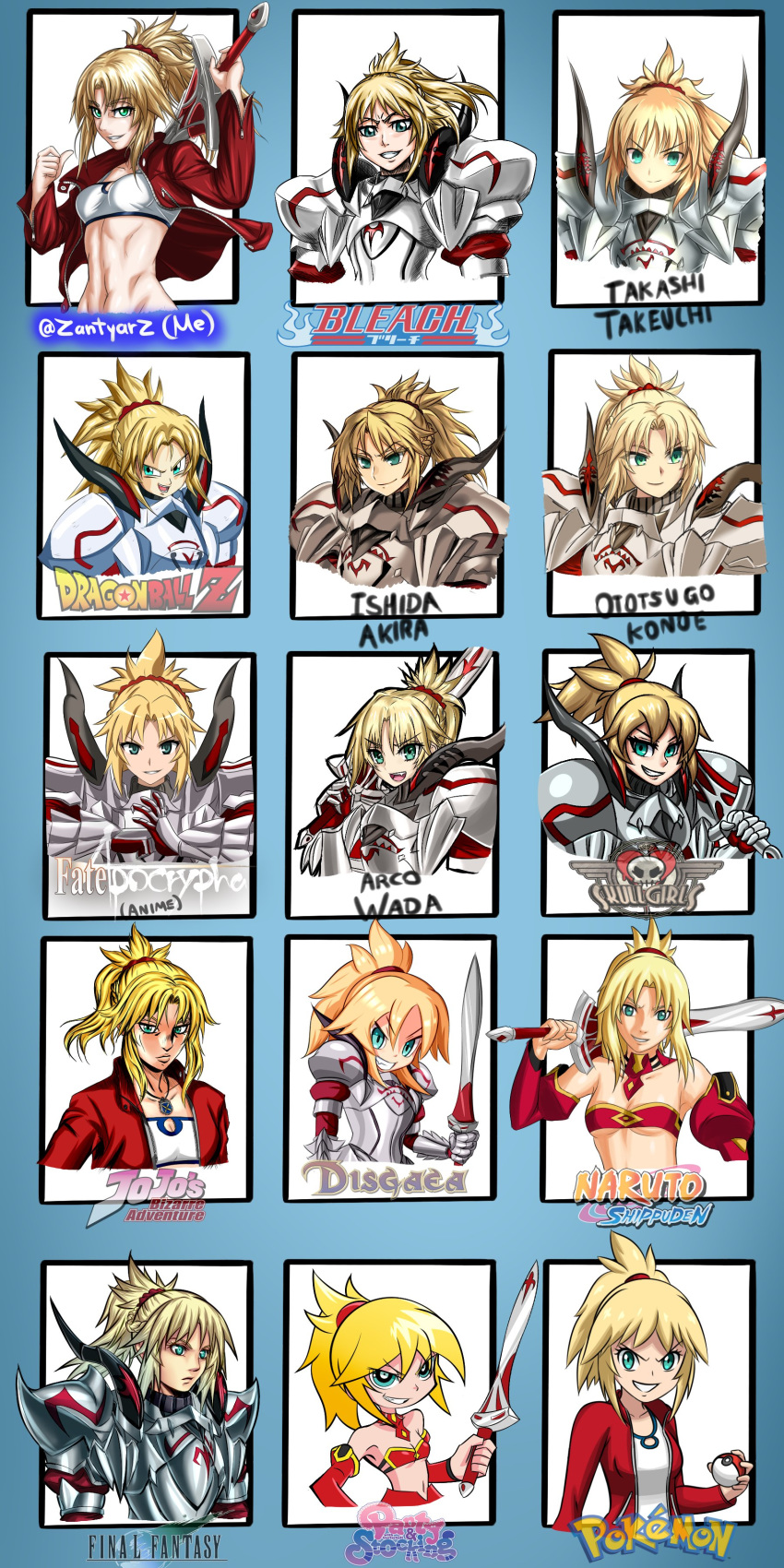 1girl absurdres alex_ahad_(style) araki_hirohiko_(style) bangs bare_shoulders bleach blonde_hair braid breasts clarent commentary disgaea dragon_ball english_commentary eyebrows_visible_through_hair fate/apocrypha fate/grand_order fate/stay_night fate_(series) final_fantasy french_braid green_eyes greyscale grin hair_ornament hair_scrunchie harada_takehito_(style) highres holding holding_sword holding_weapon jojo_no_kimyou_na_bouken kishimoto_masashi_(style) kubo_taito_(style) long_hair monochrome mordred_(fate) mordred_(fate)_(all) multiple_style_parody naruto_(series) navel open_mouth panty_&amp;_stocking_with_garterbelt parody pokemon ponytail scrunchie skullgirls small_breasts smile solo style_parody sword takeuchi_takashi_(style) toriyama_akira_(style) wada_aruko_(style) weapon zantyarz