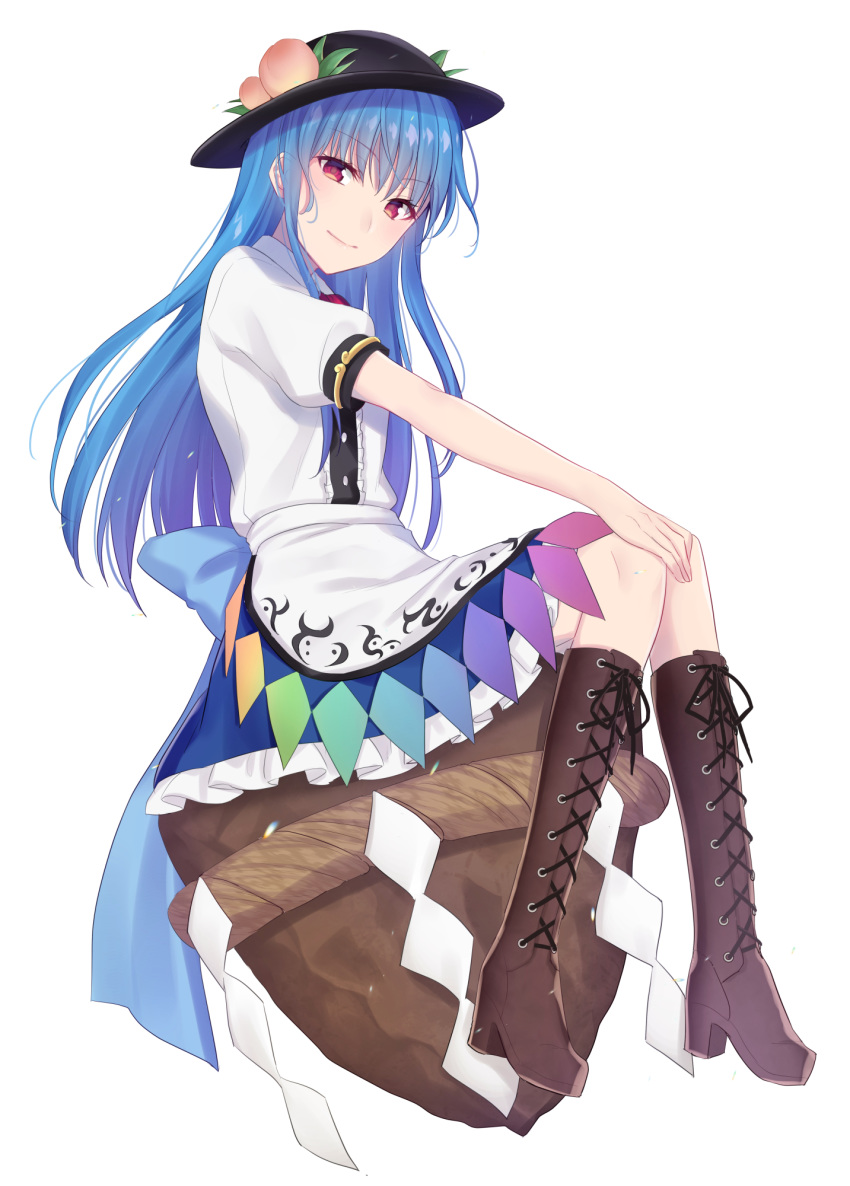 1girl asa_(coco) black_headwear blue_hair blue_skirt boots brown_footwear commentary cross-laced_footwear dress eyebrows_visible_through_hair food fruit hat head_tilt highres hinanawi_tenshi keystone knee_boots knees_together_feet_apart layered_dress leaf light_smile long_hair looking_at_viewer peach puffy_short_sleeves puffy_sleeves red_eyes rope shide shimenawa short_sleeves simple_background sitting_on_rock skirt smile solo touhou very_long_hair white_background