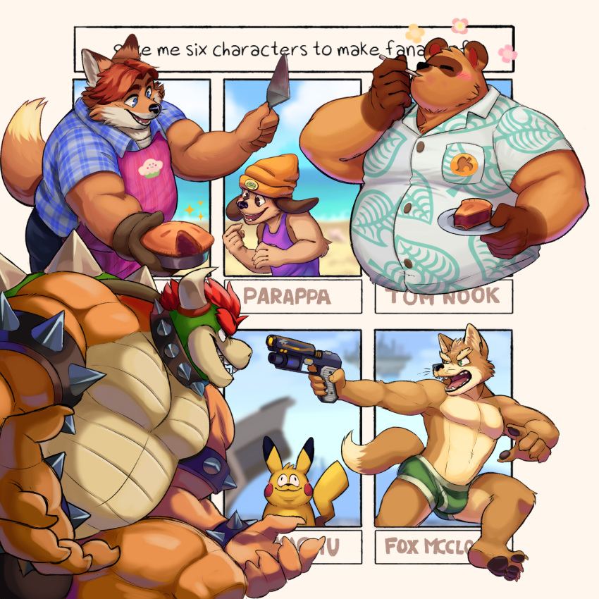 1:1 2020 ambiguous_gender animal_crossing anthro bodily_fluids bottomwear bowser brown_body brown_fur brunchpup bulge canid canine canis clothed clothing collar digital_media_(artwork) disney domestic_dog english_text fox fox_mccloud fur gideon_grey group gun hair hat headgear headwear hi_res horn koopa male mammal mario_bros monochrome nintendo parappa parappa_the_rapper pikachu pok&eacute;mon pok&eacute;mon_(species) raccoon_dog ranged_weapon rodent scalie six_fanarts_challenge sony_corporation sony_interactive_entertainment spikes star_fox tanuki text tom_nook_(animal_crossing) topless_male topwear video_games weapon zootopia