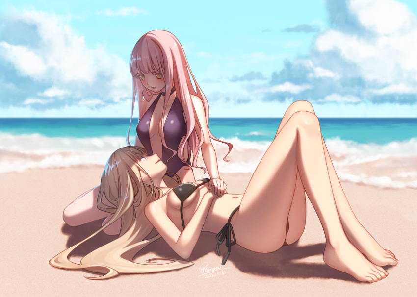 2girls bare_legs barefoot beach bikini bikini_bottom bikini_top blue_eyes cloud feet highres holding_hands long_hair looking_at_another multiple_girls nana_mikoto ocean one-piece_swimsuit original pink_eyes pink_hair swimsuit yuri