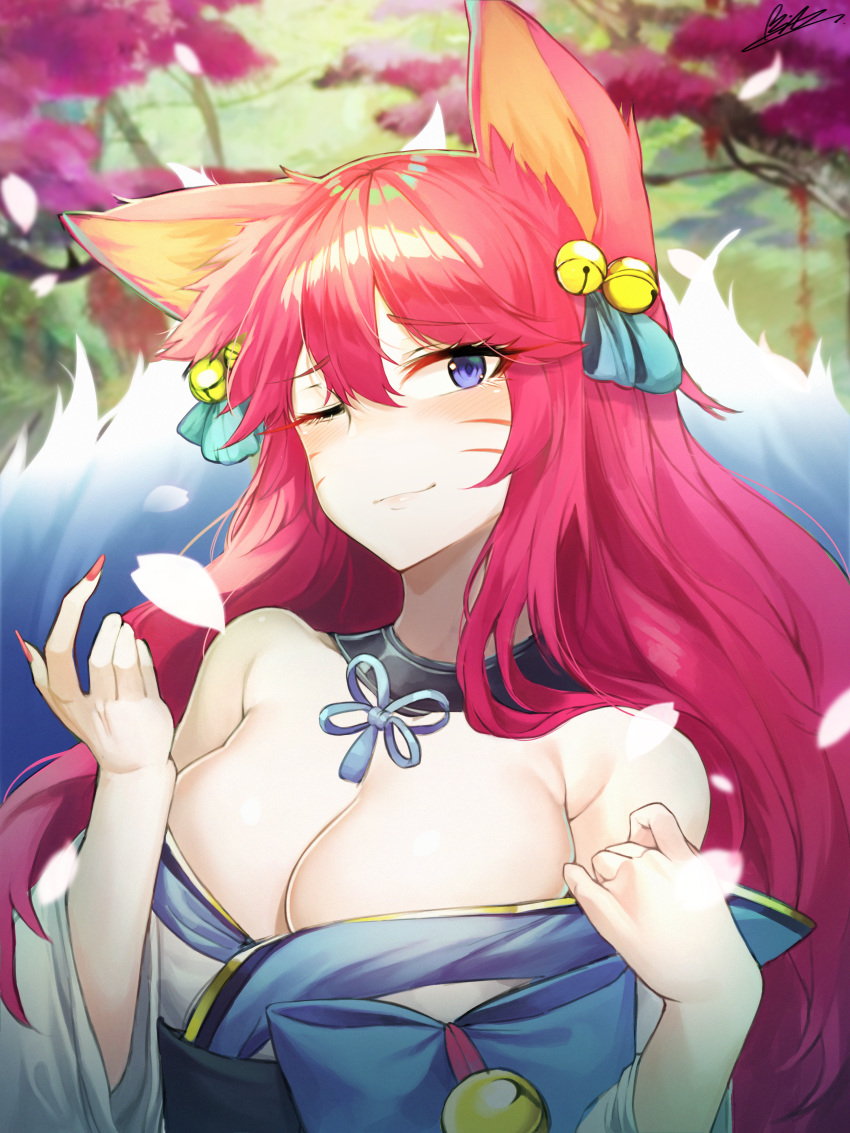 1girl absurdres ahri alternate_hair_color animal_ear_fluff animal_ears bell bil-ajeossi black_choker blue_eyes blue_ribbon blush breasts choker cleavage commentary eyebrows_visible_through_hair fox_ears fox_girl hair_bell hair_ornament highres huge_filesize kumiho large_breasts league_of_legends looking_at_viewer nail nail_polish off_shoulder one_eye_closed petals pink_nails ribbon solo spirit_blossom_ahri vastaya whisker_markings