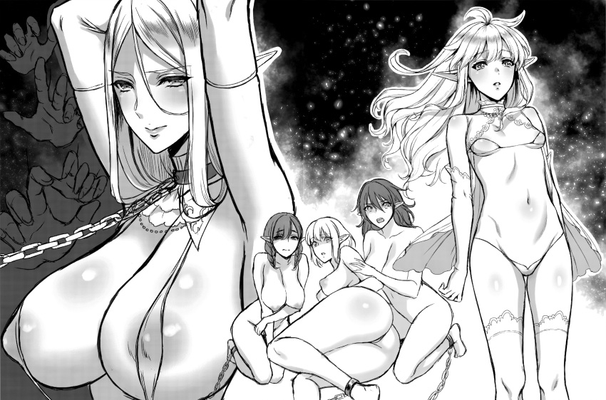 5girls absurdres ahoge ass bikini braid breasts chain collar covered_nipples covering covering_crotch eireen_(usagi_nagomu) elbow_gloves elf emma_(usagi_nagomu) floating_hair gloves hands_above_head hands_up highres huge_breasts huge_filesize long_hair metal_collar multiple_girls nude original parted_lips pointy_ears scan short_hair slave small_breasts stitched swimsuit thighhighs third-party_edit usagi_nagomu