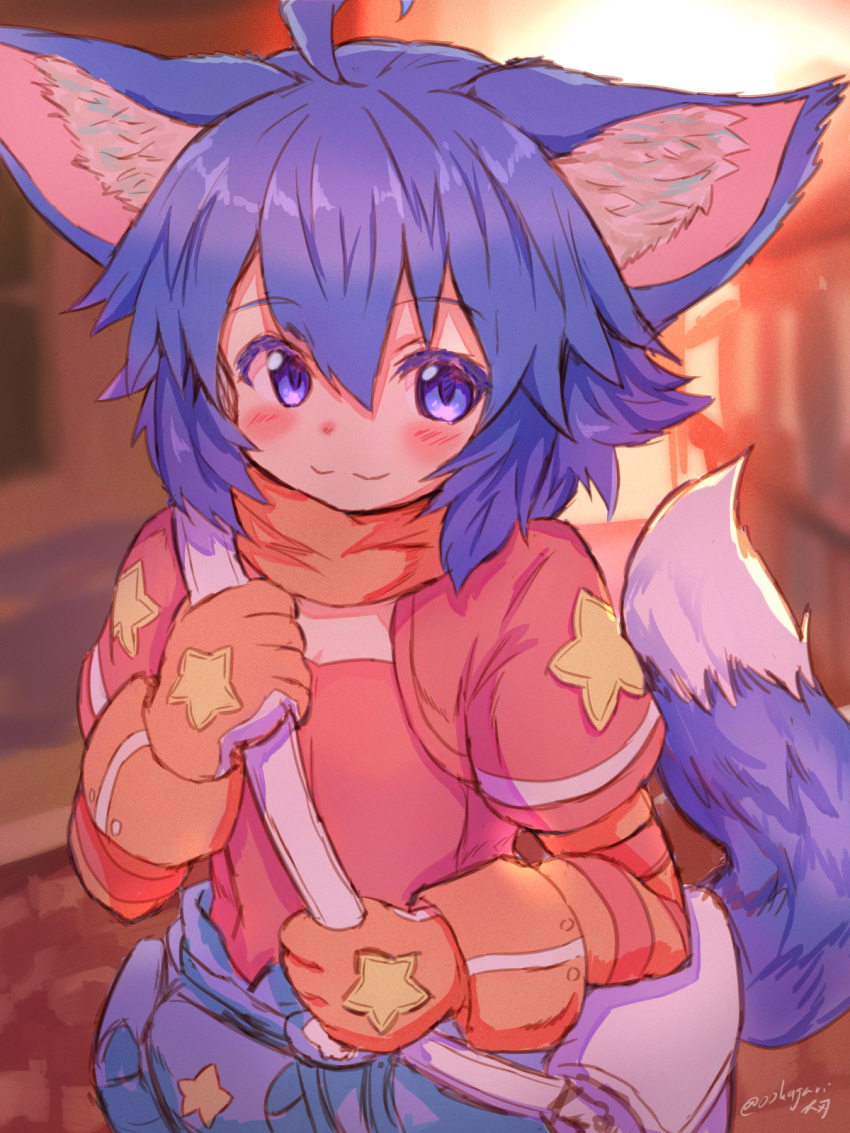 2019 3:4 ambiguous_gender animal_humanoid bag blue_eyes blue_hair blush canid canid_humanoid canine canine_humanoid clothing daiha fox_humanoid gloves hair handwear hi_res humanoid inner_ear_fluff looking_at_viewer mammal mammal_humanoid scarf shirt smile solo topwear tuft young