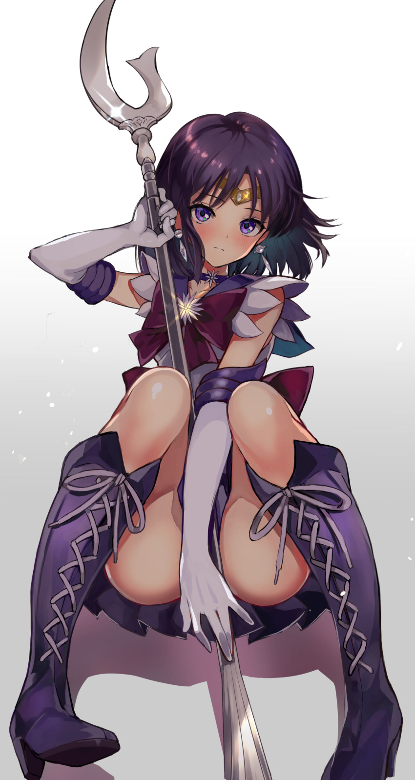 1girl absurdres back_bow bishoujo_senshi_sailor_moon black_hair boots bow choker covering covering_crotch earrings elbow_gloves gloves highres holding holding_weapon jewelry magical_girl puca-rasu purple_eyes purple_sailor_collar purple_skirt sailor_collar sailor_saturn sailor_senshi_uniform short_hair silence_glaive sitting skirt solo star_(symbol) star_choker tiara tomoe_hotaru weapon white_gloves