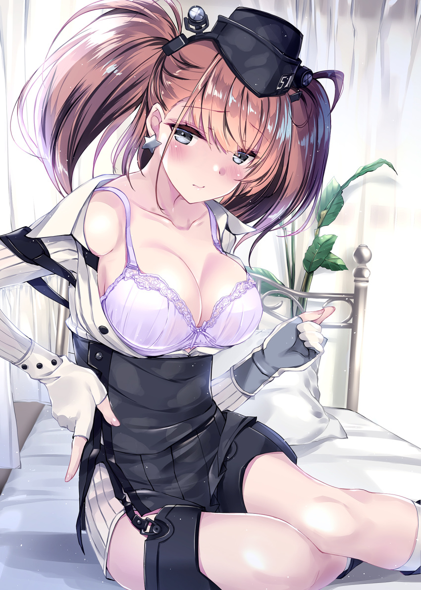 1girl anchor_hair_ornament atlanta_(kantai_collection) bangs black_headwear black_skirt blush bra breasts brown_hair cleavage commentary_request cowboy_shot dress_shirt earrings frilled_bra frills garrison_cap garter_straps gloves grey_eyes hair_ornament hat high-waist_skirt highres jewelry kantai_collection kobayashi_chisato large_breasts long_hair long_sleeves looking_at_viewer open_clothes partly_fingerless_gloves pink_nails purple_bra shirt simple_background sitting skirt solo star_(symbol) star_earrings suspender_skirt suspenders thigh_strap two_side_up underwear white_background white_bra white_gloves white_shirt yokozuwari