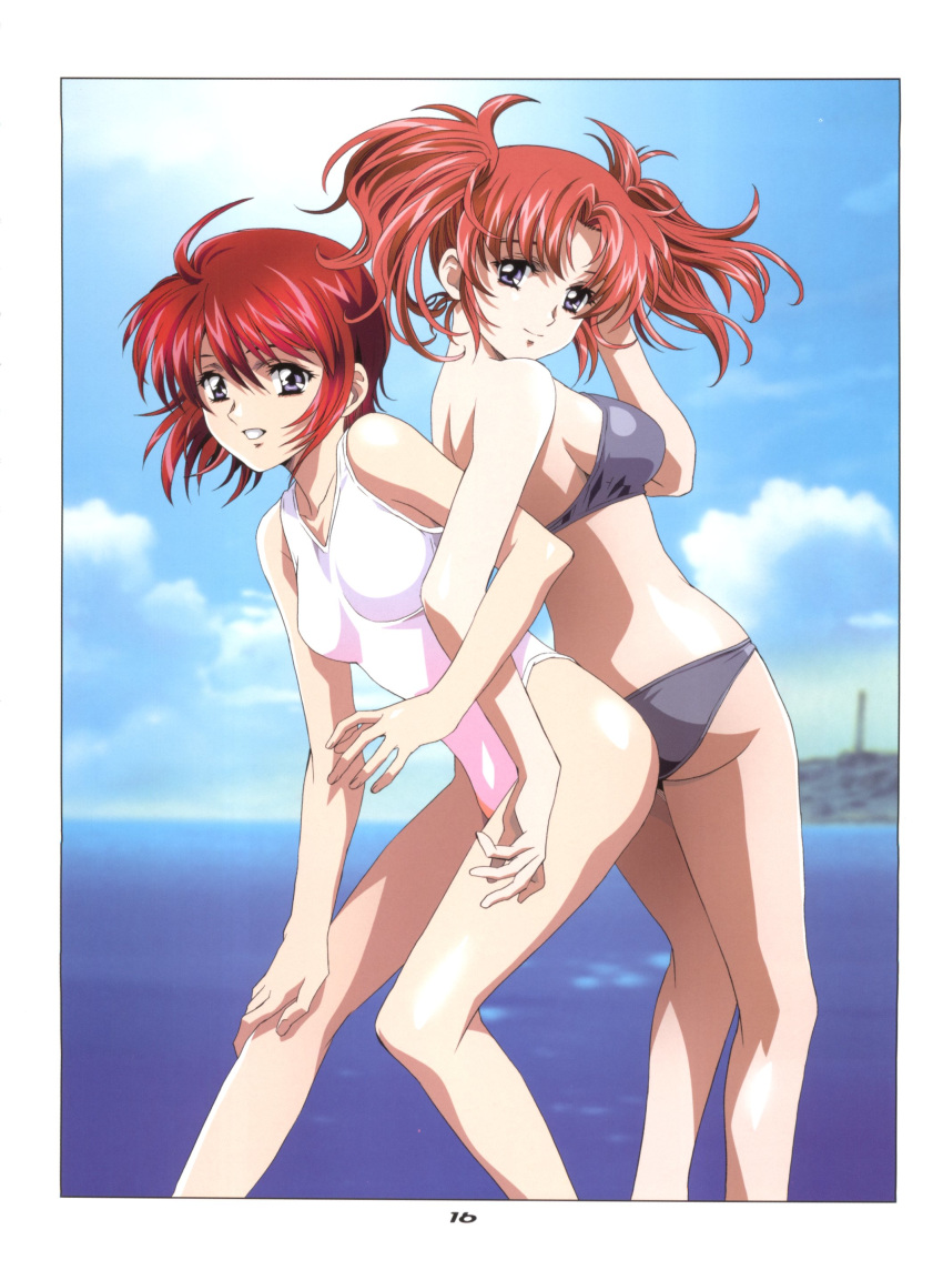 2girls absurdres ass bangs bikini blue_sky blurry blurry_background breasts breasts_apart closed_mouth cloud competition_swimsuit floating_hair grey_bikini grey_eyes gundam gundam_seed gundam_seed_destiny hair_between_eyes hand_in_hair hand_on_own_knee highres kawarajima_kou locked_arms long_hair looking_at_viewer lunamaria_hawke medium_breasts meyrin_hawke multiple_girls ocean one-piece_swimsuit outdoors page_number red_hair shiny shiny_hair shiny_skin short_hair siblings sideboob sisters sky small_breasts smile standing strapless strapless_bikini swimsuit twintails white_swimsuit