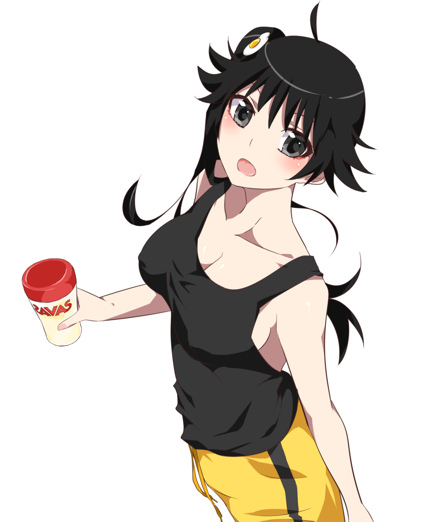 :o ahoge araragi_karen black_hair black_tank_top blush breasts collarbone covered_nipples cup egg_hair_ornament food_themed_hair_ornament from_above from_side grey_eyes hair_ornament highres holding holding_cup kakoikaren large_breasts long_hair looking_at_viewer monogatari_(series) nisemonogatari open_mouth shorts sideboob tank_top yellow_shorts