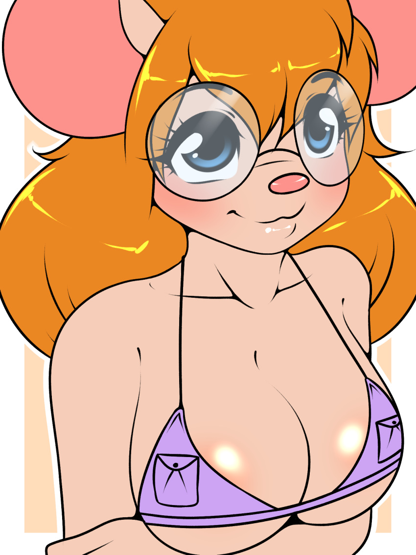 3:4 areola bikini bikini_top blonde_hair blue_eyes blush breasts chip_'n_dale_rescue_rangers clothing crossed_arms disney eyewear female gadget_hackwrench glasses hair hi_res kloudmutt mammal mouse murid murine rodent swimwear