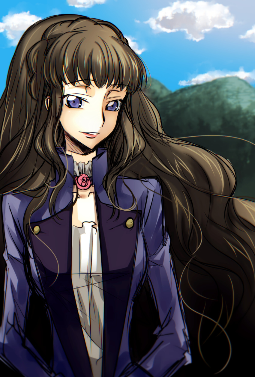 1girl bangs blue_eyes blue_jacket blurry blurry_background brown_hair cloud code_geass collarbone day eyebrows_visible_through_hair grey_choker highres jacket kokuchi long_hair long_sleeves marianne_vi_britannia mountainous_horizon outdoors shiny shiny_hair shirt sketch solo upper_body very_long_hair white_shirt