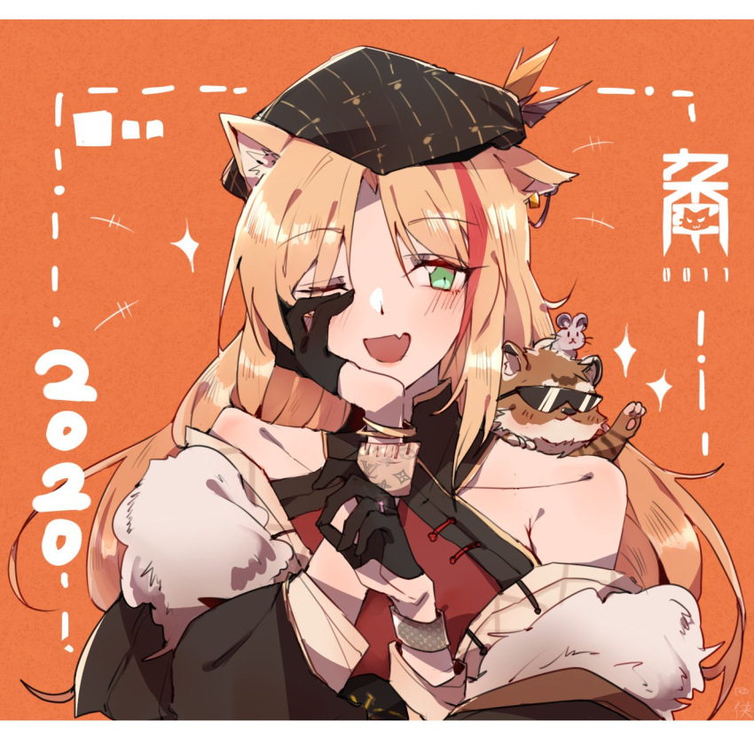 1girl animal_ears arknights beret bracelet fang fur_trim gloves green_eyes half_gloves hat highres jewelry kyou_039 long_hair mouse_on_head multicolored_hair off-shoulder_jacket one_eye_closed orange_background streaked_hair sunglasses swire_(arknights) tiger tiger_cub