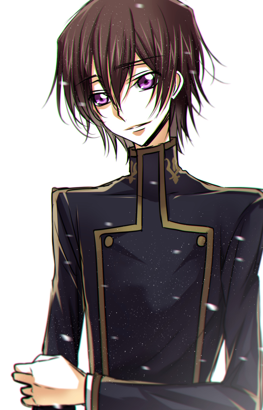 1boy ashford_academy_uniform bangs black_jacket brown_hair code_geass eyebrows_visible_through_hair hair_between_eyes highres jacket kokuchi lelouch_lamperouge long_sleeves male_focus parted_lips purple_eyes shiny shiny_hair simple_background smile solo white_background