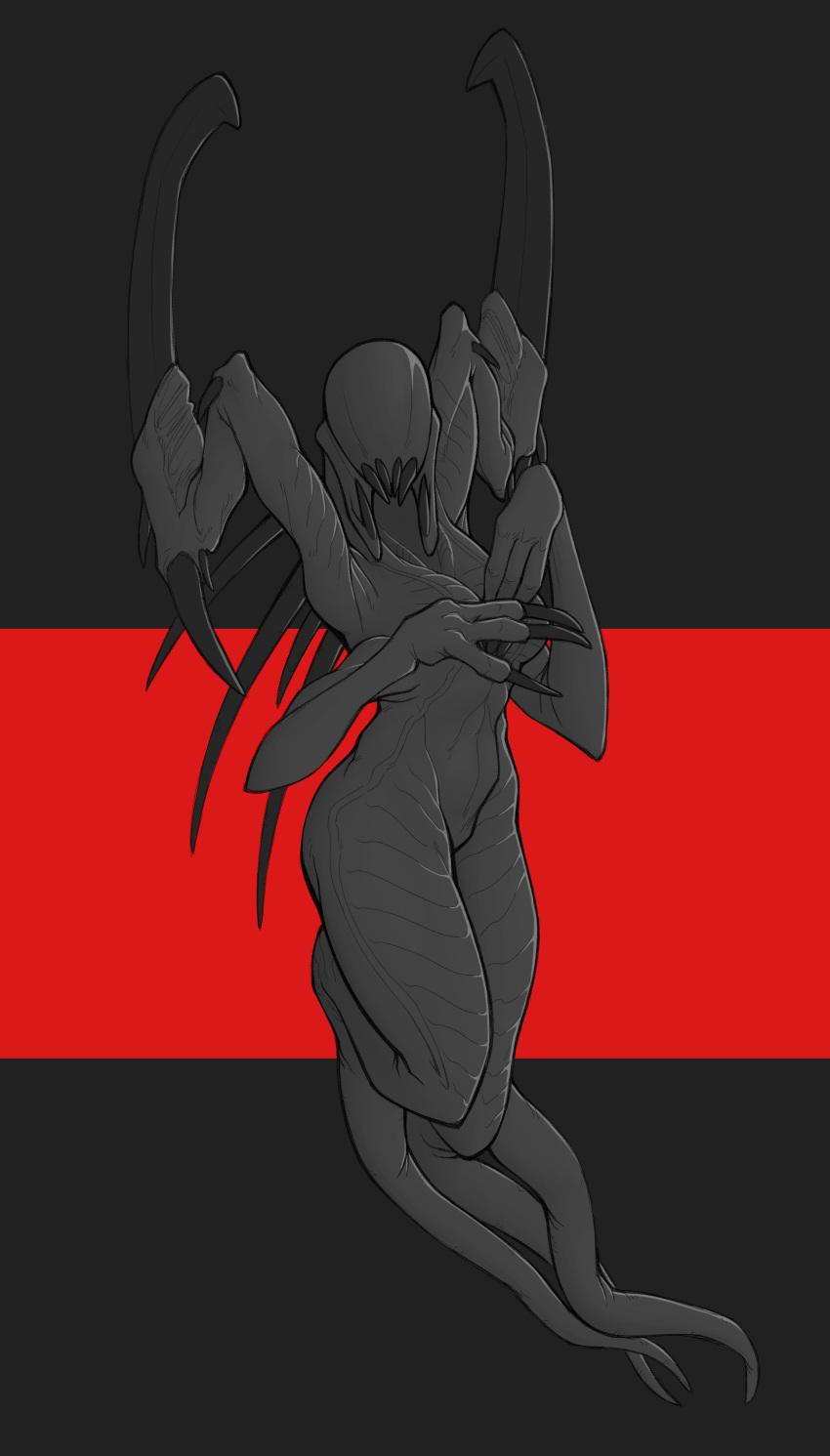 2020 3_fingers absurd_res alien anonymous_artist anthro black_background black_body black_scales black_teeth breasts claws digital_media_(artwork) eyeless female fingers hi_res horn multi_limb not_furry nude red_background scales sharp_teeth simple_background solo teeth thick_thighs wide_hips wraith_(evolve)
