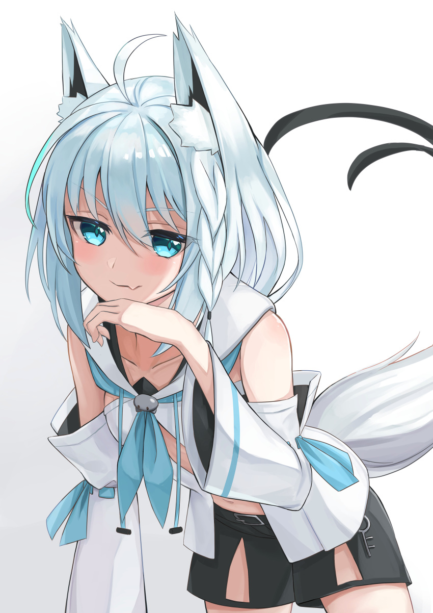 1girl absurdres ahoge animal_ear_fluff animal_ears bare_shoulders black_shorts blue_neckwear blush braid collarbone commentary_request detached_sleeves eyebrows_visible_through_hair fang fox_ears fox_girl fox_tail green_eyes hair_between_eyes hand_on_own_chin highres hololive ikasumiax long_hair looking_at_viewer navel neckerchief open_clothes open_shirt shirakami_fubuki short_shorts shorts silver_hair simple_background single_braid skin_fang sleeveless solo tail virtual_youtuber white_background white_hoodie