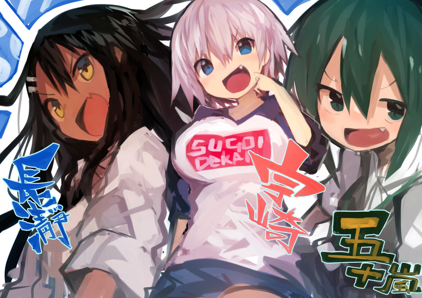 3girls :d absurdres bangs black_hair blue_eyes character_name clothes_writing commentary crossover dark_skin fang green_eyes green_hair grey_hair hair_between_eyes hair_ornament hairclip highres igarashi_futaba_(shiromanta) ijiranaide_nagatoro-san kaamin_(mariarose753) long_hair multiple_crossover multiple_girls nagatoro_hayase open_mouth raglan_sleeves senpai_ga_uzai_kouhai_no_hanashi short_hair skin_fang smile sugoi_dekai trait_connection uzaki-chan_wa_asobitai! uzaki_hana v-shaped_eyebrows yellow_eyes