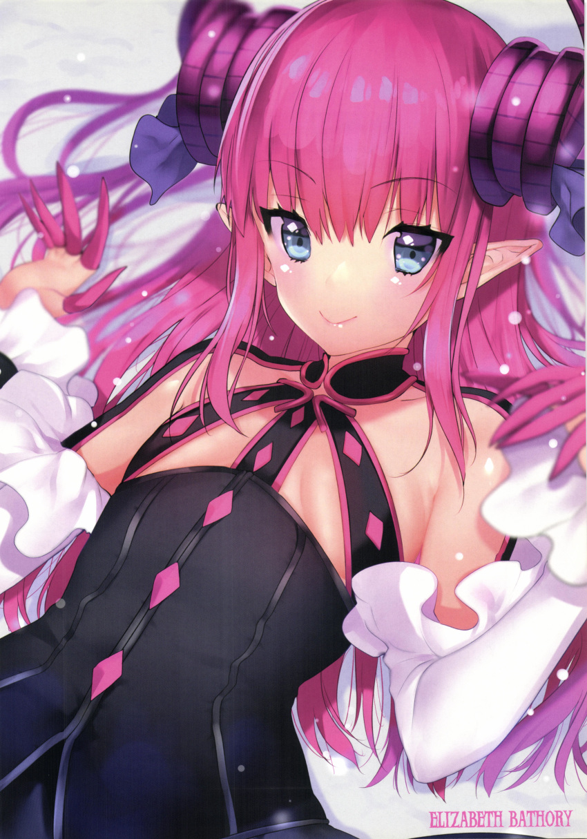 1girl absurdres bangs blue_eyes blush breasts character_name character_request closed_mouth detached_sleeves dress elizabeth_bathory_(fate) elizabeth_bathory_(fate)_(all) eyebrows_visible_through_hair fate/grand_order fate_(series) flat_chest highres horns lips long_hair looking_at_viewer lying matarou_(genkai_toppa) on_back pointy_ears purple_hair shiny shiny_hair shiny_skin sidelocks simple_background smile solo upper_body