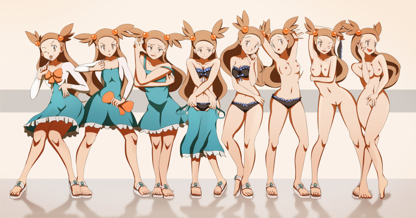 1girl black_bra black_panties blue_dress bow bra breasts brown_eyes brown_hair candy dress feet food hair_ornament lollipop mikan_(pokemon) navel nude one_eye_closed panties pokemon pokemon_(game) pokemon_gsc pose pussy strap_pull topless underwear undressing vivivoovoo