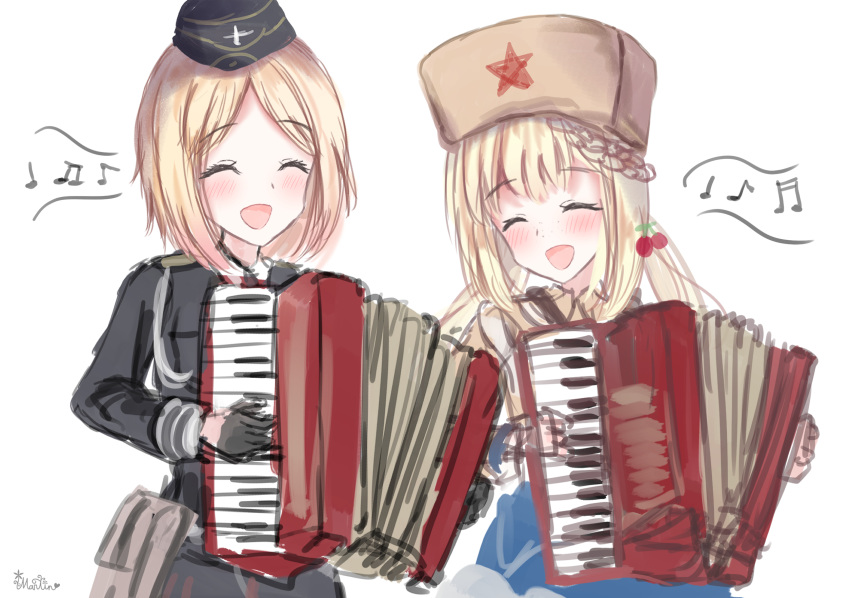 2girls accordion artist_name black_gloves blonde_hair blush braid cherry_hair_ornament closed_eyes eyebrows_visible_through_hair food_themed_hair_ornament girls_frontline gloves hair_ornament hat highres instrument long_hair martinreaction medium_hair military military_hat military_uniform mp40_(girls_frontline) multiple_girls musical_note musical_note_print open_mouth papakha ppsh-41_(girls_frontline) uniform white_background