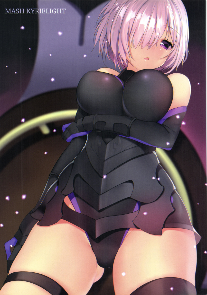 1girl absurdres armor armored_leotard ass_visible_through_thighs bangs bare_shoulders breasts character_name elbow_gloves eyebrows_visible_through_hair fate/grand_order fate_(series) garter_straps gloves hair_over_one_eye halftone highres leotard mash_kyrielight matarou_(genkai_toppa) medium_breasts open_mouth pink_hair purple_eyes scan shield shiny shiny_hair short_hair simple_background sleeveless solo thighhighs thighs