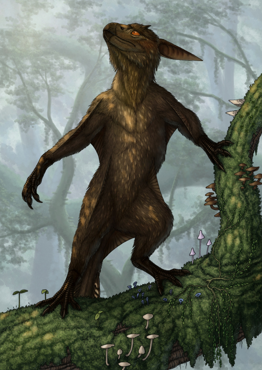 2014 4_fingers 4_toes ambiguous_gender anthro arm_support balancing beak biped bird_feet branch brown_body brown_claws brown_fur brown_scales claws cloud_forest clover dappled_light day depth_of_field detailed detailed_background featureless_crotch fingers fog forest four_leaf_clover front_view fungus fur hi_res high_place hybrid imp looking_away membrane_(anatomy) moss mushroom nature nude on_branch orange_sclera outside patagium pupils ramul scales scuted_arms slim small_pupils solo sprout_(plant) standing toes tree tropical vines