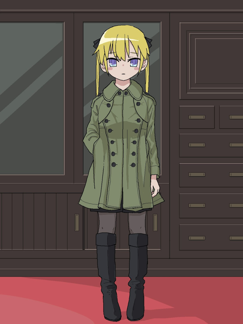 1girl bangs black_footwear blonde_hair boots closed_mouth coat double-breasted full_body green_coat grey_legwear hand_in_pocket highres kill_me_baby knee_boots long_hair long_sleeves looking_at_viewer nadegata pantyhose pigeon-toed purple_eyes solo sonya_(kill_me_baby) standing twintails