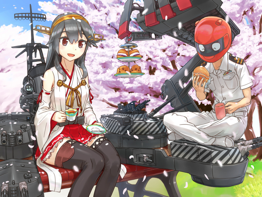 1boy 1girl :d admiral_(kantai_collection) bare_shoulders boots brown_eyes cherry_blossoms commentary_request cup dazzle_paint detached_sleeves epaulettes food grey_hair hair_ornament hairclip haruna_(kantai_collection) headgear helmet highres holding holding_cup holding_food holding_saucer kantai_collection long_hair macaron machinery military military_uniform nontraditional_miko open_mouth red_skirt remodel_(kantai_collection) saucer siozirinootaku21 sitting skirt smile spoon teacup thigh_boots thighhighs uniform