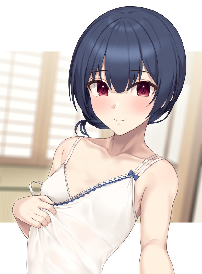 1girl bangs bare_shoulders blue_bow blue_hair blurry blurry_background blush bow bra camisole cellphone closed_mouth collarbone depth_of_field eyebrows_visible_through_hair highres hiiragi_hajime idolmaster idolmaster_shiny_colors indoors looking_at_viewer low_ponytail morino_rinze outside_border phone red_eyes self_shot sleeveless smartphone smile solo strap_slip underwear white_bra