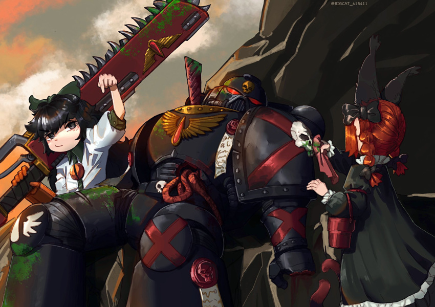 1boy 2girls animal_ears armor bigcat_114514 black_armor black_eyes black_hair blood blood_angels braid bucket cat_ears chainsaw chainsword commentary cut_fingers death_company dusk english_commentary entrails green_blood green_ribbon hair_ribbon highres injury kaenbyou_rin multiple_girls on_rock organs outdoors parchment power_armor purity_seal reclining red_eyes red_hair reiuji_utsuho ribbon rock shirt space_marines sword theft third_eye touhou twin_braids twitter_username unconscious warhammer_40k weapon white_shirt