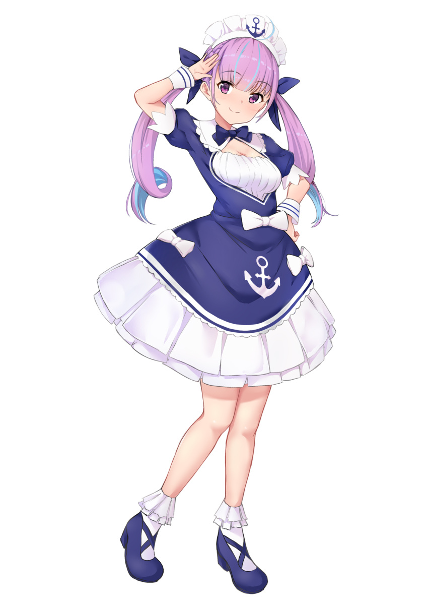 1girl anchor_symbol bangs blue_hair braid breasts cleavage closed_mouth commentary_request dress eyebrows_visible_through_hair hair_ribbon highres hololive light_blush long_hair looking_at_viewer maid maid_headdress minato_aqua multicolored_hair nakasima-syouta purple_eyes purple_hair ribbon shoes smile socks solo twintails two-tone_hair virtual_youtuber white_legwear