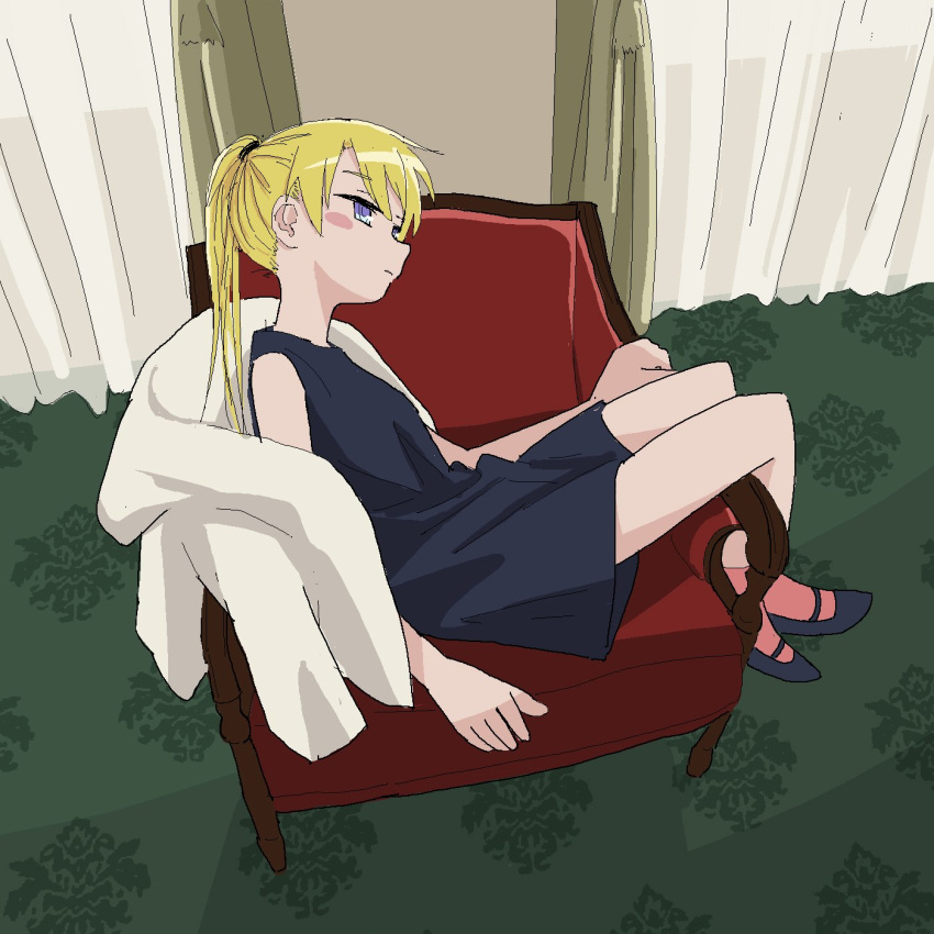 1girl armchair black_dress blonde_hair blush_stickers chair closed_eyes closed_mouth curtains dress from_side highres jacket jacket_removed kill_me_baby long_hair looking_at_viewer nadegata purple_eyes short_dress sitting sitting_sideways solo sonya_(kill_me_baby) twintails