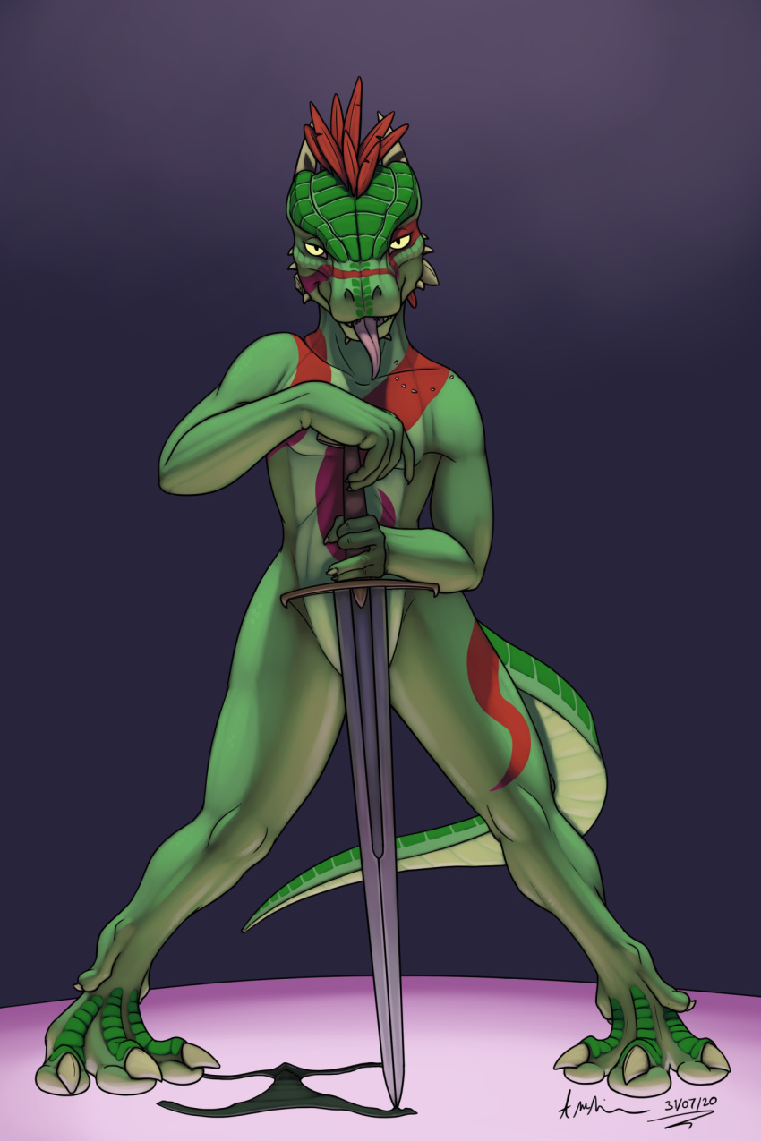 2020 5_fingers 5_toes anthro argonian bethesda_softworks bite_mark broken_horn claws clothing convenient_censorship countershading covering covering_crotch covering_self digitigrade feathers fingers green_body green_scales hi_res horn looking_at_viewer male markings melee_weapon nude panties pupils red_body red_feathers reptile scales scalie scar shows-his-scales slit_pupils smile solo stripper sword the_elder_scrolls theandymac toes tongue tongue_out underwear video_games weapon yellow_eyes