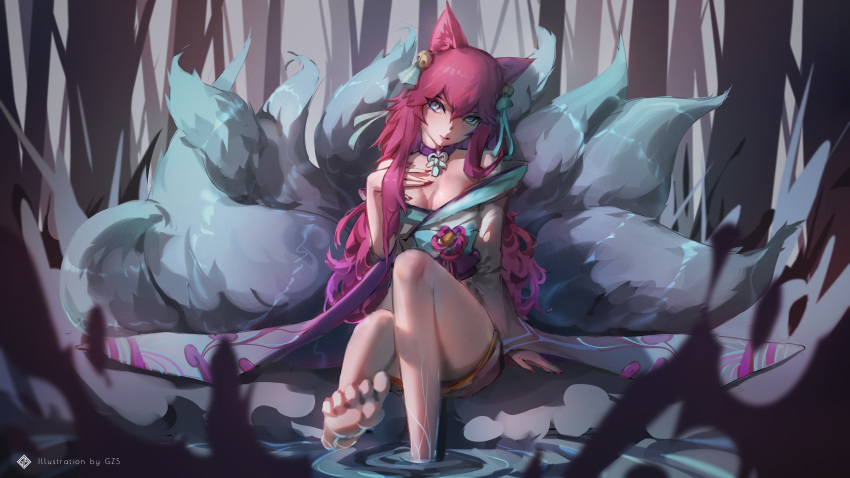1girl absurdres ahri alternate_hair_color animal_ear_fluff animal_ears artist_request bell black_choker blue_ribbon breasts choker facial_mark feet fox_ears fox_tail hair_bell hair_ornament highres korean_clothes kumiho large_breasts league_of_legends looking_at_viewer multiple_tails off_shoulder outdoors pink_nails ribbon solo spirit_blossom_ahri tail vastaya whisker_markings