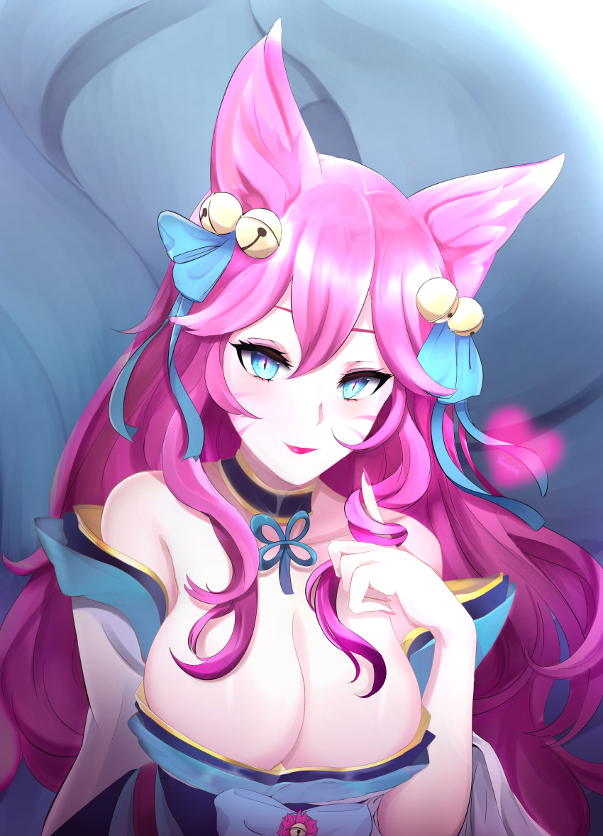 1girl absurdres ahri alternate_hair_color animal_ear_fluff animal_ears artist_request bell black_choker blue_ribbon breasts choker cleavage facial_mark fox_ears fox_tail hair_bell hair_ornament highres kumiho large_breasts league_of_legends lips lipstick makeup multiple_tails off_shoulder pink_nails ribbon solo spirit_blossom_ahri tail whisker_markings