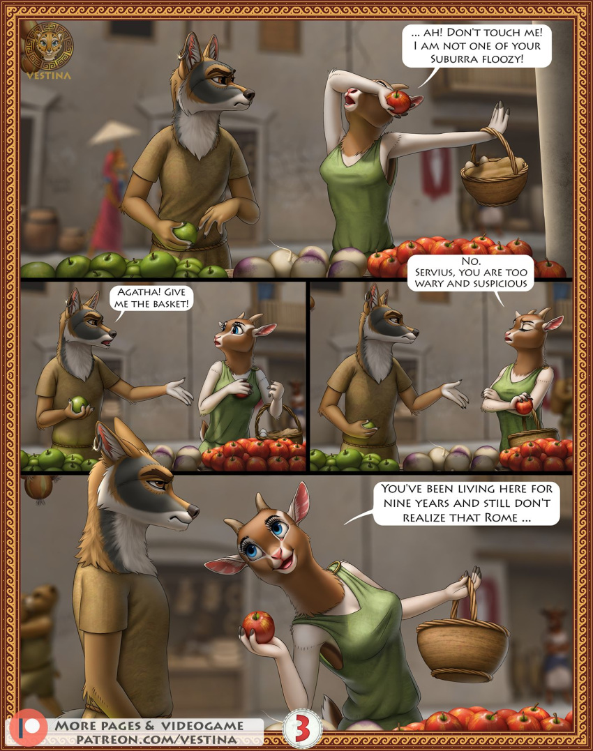 agatha_(vestina) ancient ancient_furry_art ancient_rome anthro apple basket bovid brown_body brown_fur canid canine canis caprine clothing comic comic_page comic_panel coyote detailed_background dialogue duo ear_piercing ear_ring egg english_text female food fruit fur furry_rome goat hi_res male male/female mammal onion piercing plant roman rome sand_fur servius_(vestina) slave speech_bubble street text tunic url vegetable vestina