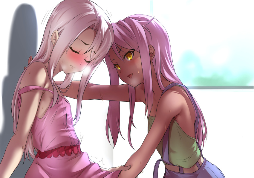2girls bangs bare_shoulders blush breasts chloe_von_einzbern closed_eyes closed_mouth collarbone dark_skin dress fate/kaleid_liner_prisma_illya fate_(series) fingering highres illyasviel_von_einzbern long_hair multiple_girls one_side_up open_mouth out-of-frame_censoring overalls piiko_(aa_doushiyou) pink_dress pink_hair small_breasts smile strap_slip white_hair yellow_eyes yuri