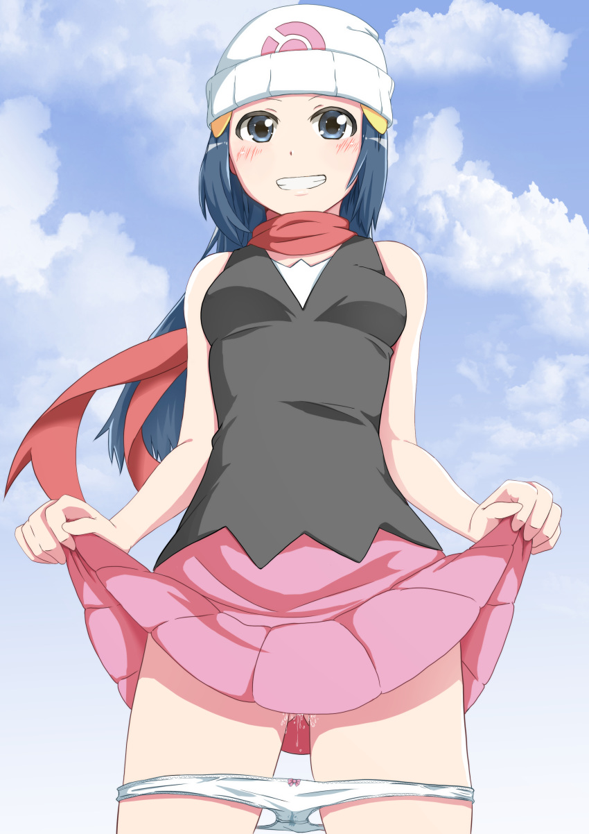 1girl absurdres black_shirt blue_eyes blue_hair blush breasts cloud cowboy_shot day floating_hair grin hair_ornament hairclip hat highres hikari_(pokemon) lifted_by_self long_hair looking_at_viewer miniskirt negimiso1989 outdoors panties panty_pull pink_skirt pokemon pokemon_(game) pokemon_dppt pussy_juice red_scarf scarf shiny shiny_hair shirt skirt skirt_lift sleeveless sleeveless_shirt small_breasts smile solo standing underwear very_long_hair white_headwear white_panties