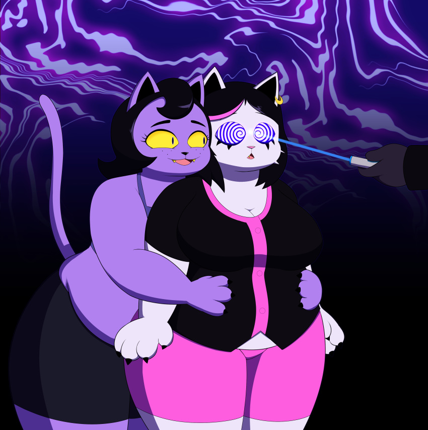 2019 3_fingers absurd_res anthro black_body black_fur black_hair black_nose breasts catti_(deltarune) catty_(undertale) clothed clothing deltarune domestic_cat dr._chaos duo ear_piercing ear_ring fangs felid feline felis female fingers fur glowing glowing_eyes hair hi_res hypnosis laser_pointer mammal mind_control open_mouth overweight overweight_female piercing pink_nose purple_body purple_fur restraining spiral_eyes undertale unknown_species video_games white_body white_fur yellow_sclera