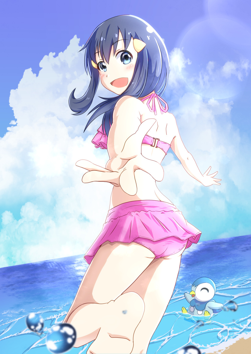 1girl :d absurdres bangs barefoot bikini bikini_skirt blue_eyes blue_hair blue_sky blush cloud day dutch_angle eyebrows_visible_through_hair floating_hair gen_4_pokemon hair_between_eyes hair_ornament hairclip halterneck highres hikari_(pokemon) long_hair looking_at_viewer negimiso1989 ocean open_mouth outdoors outstretched_arms pink_bikini pink_ribbon pink_skirt piplup pleated_skirt pokemon pokemon_(game) pokemon_dppt reaching_out ribbon shiny shiny_hair shoulder_blades skirt sky smile soles solo standing standing_on_one_leg starter_pokemon swimsuit