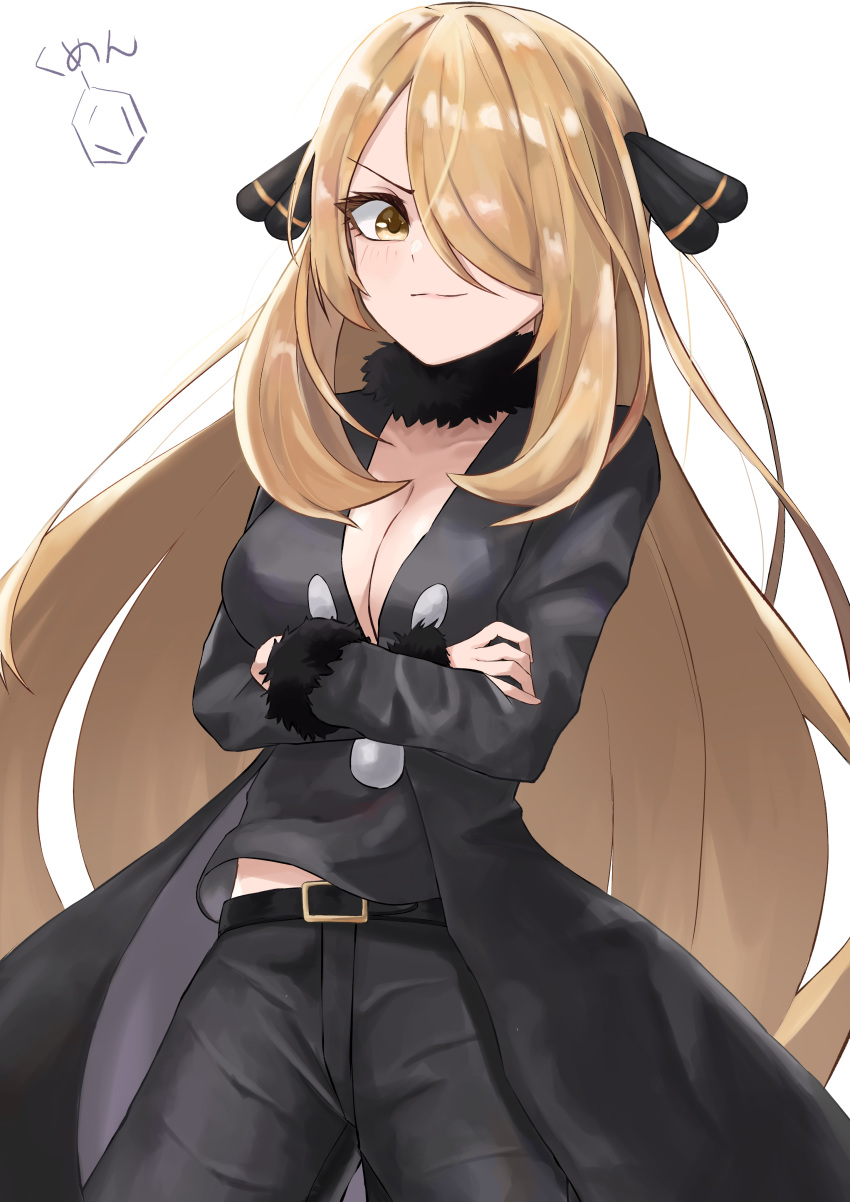 1girl absurdres belt black_belt black_coat black_pants blonde_hair breasts cleavage closed_mouth coat cowboy_shot crossed_arms cumene eyebrows_visible_through_hair floating_hair hair_ornament hair_over_one_eye highres long_hair looking_at_viewer medium_breasts midriff open_clothes open_coat pants pokemon pokemon_(game) pokemon_dppt shiny shiny_hair shirona_(pokemon) simple_background smile smug solo standing stomach very_long_hair white_background yellow_eyes