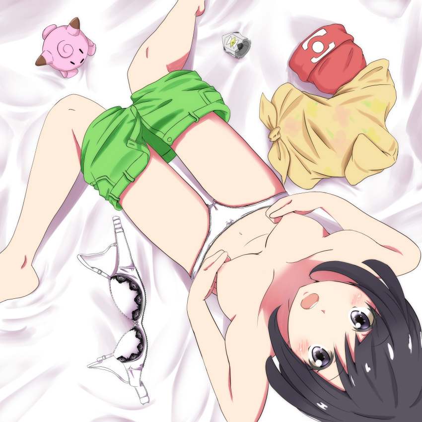1girl absurdres areolae bed_sheet black_hair bra bra_removed breasts collarbone from_above green_shorts grey_eyes head_tilt highres looking_at_viewer looking_up mizuki_(pokemon) navel negimiso1989 open_clothes open_mouth open_shorts panties pokemon pokemon_(game) pokemon_sm print_shirt shiny shiny_hair shirt shirt_removed short_hair short_shorts shorts shorts_pull sitting small_breasts solo tied_shirt topless underwear white_bra white_panties yellow_shirt