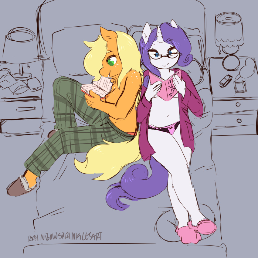 1:1 2020 absurd_res anthro anthrofied applejack_(mlp) bed book bottomwear casual_exposure clothed clothing duo equid equine eyewear female friendship_is_magic furniture glasses hasbro hi_res horn horse mammal my_little_pony on_bed panties pants pony rainbowsprinklesart rarity_(mlp) reading slippers topless underwear unicorn