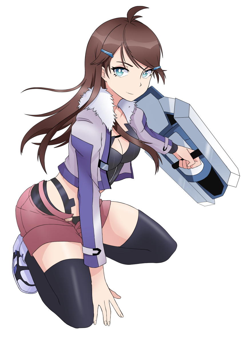 1girl absurdres black_legwear blue_eyes breasts brown_hair cleavage cropped_jacket full_body hand_on_ground highres holding holding_shield kneeling long_hair long_sleeves medium_breasts megumo shield shion_uzuki shoes shorts simple_background smile solo thighhighs white_background xenosaga