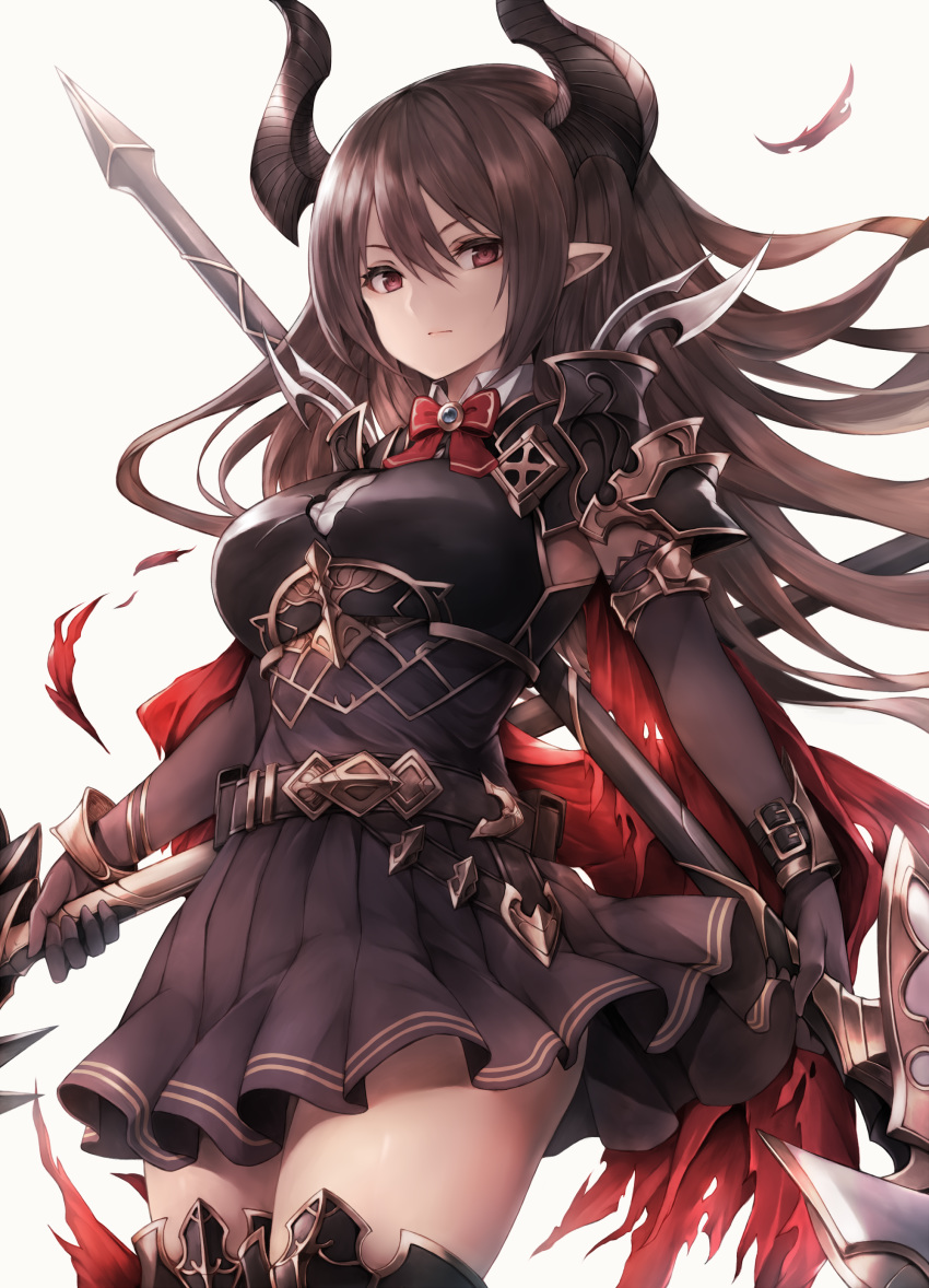 1girl absurdres armor armored_boots belt black_footwear black_skirt boots bow bowtie breastplate breasts brown_hair cape closed_mouth collared_shirt cowboy_shot draph dual_wielding expressionless floating_hair forte_(shingeki_no_bahamut) highres holding holding_spear holding_weapon horns large_breasts long_hair looking_at_viewer miniskirt pleated_skirt pointy_ears polearm red_eyes revision shingeki_no_bahamut shirt shoulder_armor sidelocks skirt snm_(sunimi) solo spear standing thighhighs undershirt weapon zettai_ryouiki