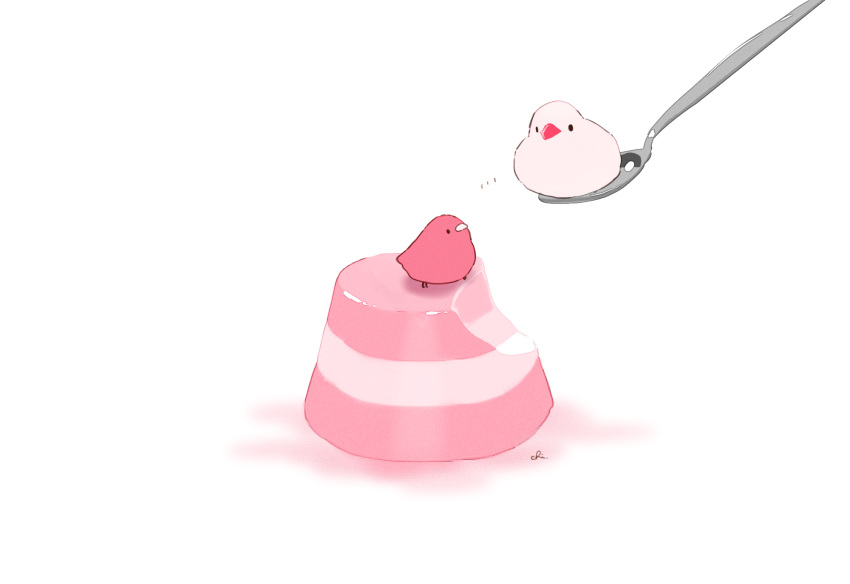 artist_name bird chai commentary_request food highres looking_at_another no_humans original pudding simple_background sitting_on_food spoon white_background