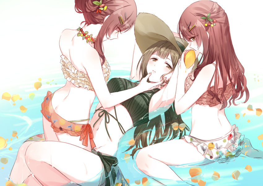 3girls alstroemeria_(idolmaster) alternate_hairstyle armpits arms_up ass back bangs bare_shoulders bikini black_bikini blush brown_eyes brown_hair eye_contact eyebrows_visible_through_hair food frilled_bikini frills fruit hair_bun hair_ornament hairclip hand_on_another's_cheek hand_on_another's_face hat holding holding_food holding_fruit idolmaster idolmaster_shiny_colors jewelry kuwayama_chiyuki long_hair looking_at_another looking_back lying mango multiple_girls navel necklace on_back oosaki_amana oosaki_tenka open_mouth orange_bikini red_hair romi_(346_ura) siblings side-tie_bikini sisters sitting smile straw_hat swimsuit thong twins wading wariza water white_bikini yellow_eyes yuri