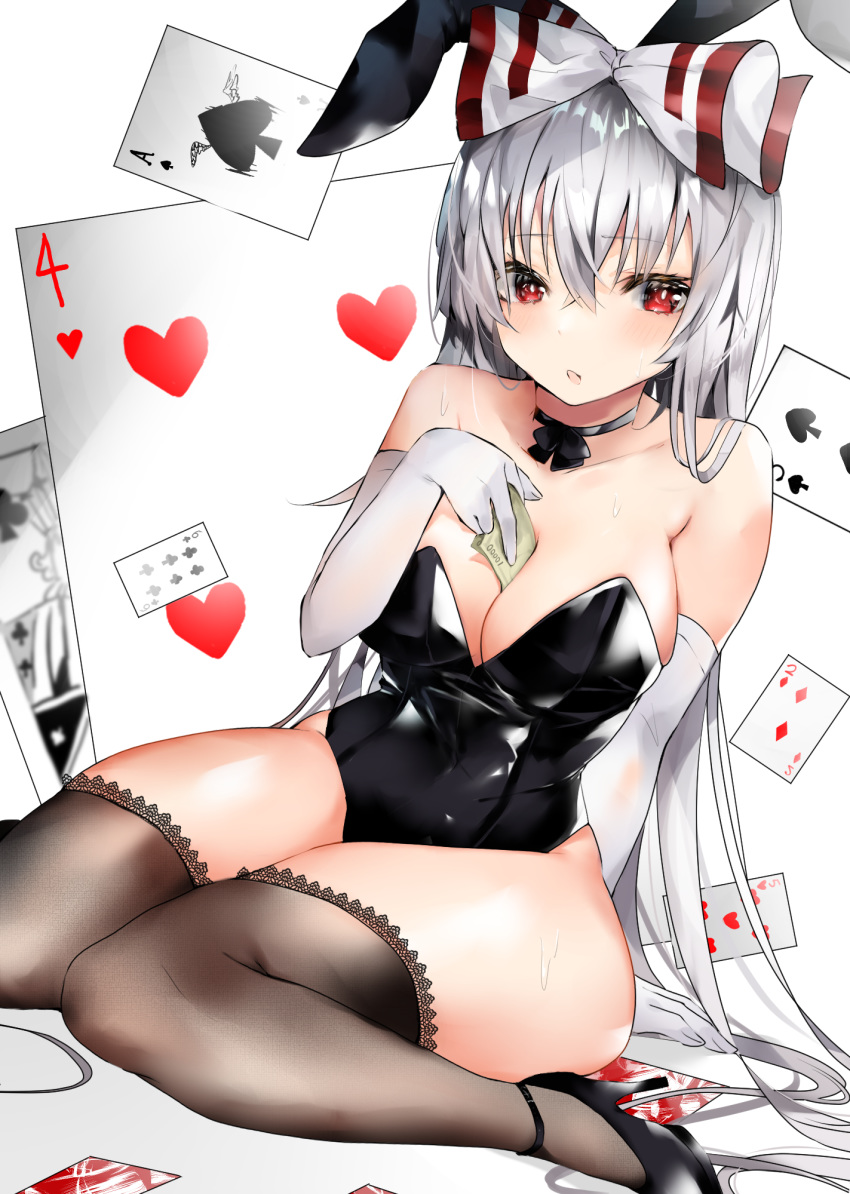 1girl animal_ears arm_at_side bangs bare_shoulders between_breasts black_bow black_choker black_legwear black_leotard black_neckwear blush bow bowtie breasts bunny_ears bunny_girl bunny_tail bunnysuit card choker cleavage collarbone commentary elbow_gloves eyebrows_visible_through_hair fake_animal_ears fujiwara_no_mokou gloves groin hair_between_eyes hair_bow high_heels highres hiiro60 lace lace-trimmed_legwear large_breasts leotard long_hair looking_at_viewer money_hold open_mouth parted_lips red_eyes shiny shiny_skin sidelocks sitting solo strapless strapless_leotard sweat symbol_commentary tail thighhighs thighs touhou very_long_hair wariza white_bow white_hair