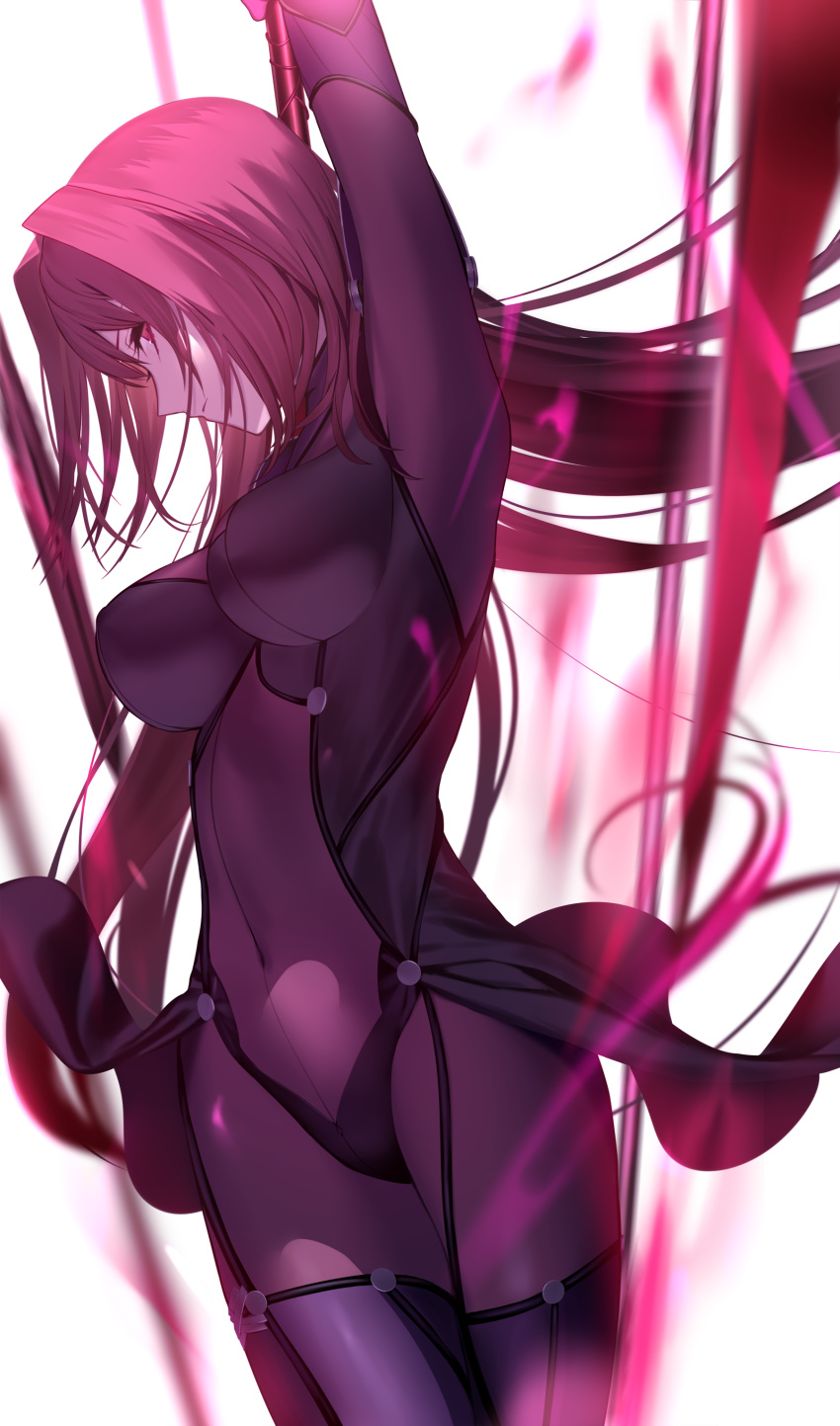 1girl absurdres arm_up armor bangs bodysuit breasts covered_navel fate/grand_order fate_(series) gae_bolg highres large_breasts long_hair looking_at_viewer pauldrons polearm purple_bodysuit purple_hair red_eyes scathach_(fate)_(all) scathach_(fate/grand_order) shinooji shoulder_armor simple_background spear thighs weapon white_background