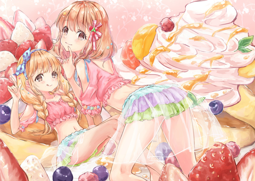 2girls :q alternate_hairstyle aoba_yukichi blonde_hair braid cream finger_to_mouth floral_background food frilled fruit futaba_anzu hair_ribbon idolmaster idolmaster_cinderella_girls kneeling matching_outfit midriff moroboshi_kirari multiple_girls navel orange_hair oversized_food pancake ribbon sitting strawberry tongue tongue_out twin_braids