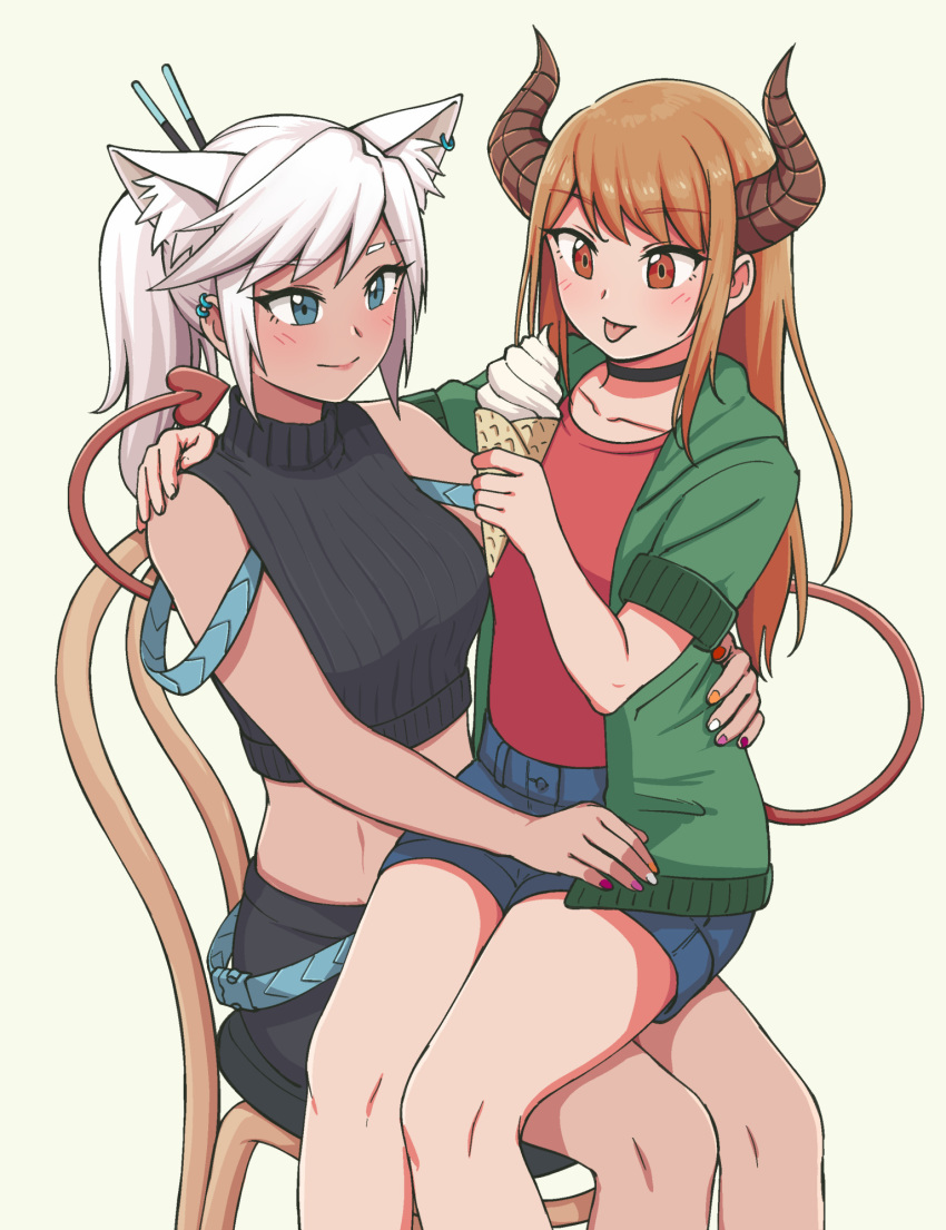 2girls :p animal_ear_fluff animal_ears bangs black_choker black_shirt blue_eyes blue_shorts borrowed_character brown_eyes brown_hair cat_ears chair choker collarbone commentary demon_tail ear_piercing english_commentary extra_ears eyebrows_visible_through_hair green_jacket hand_on_another's_shoulder hand_on_another's_waist highres horns ice_cream_cone jacket long_hair multicolored multicolored_nails multiple_girls nail_polish original pas_(paxiti) piercing ponytail red_shirt shirt short_shorts shorts sitting sitting_on_lap sitting_on_person sleeveless sleeveless_shirt smile swept_bangs tail tongue tongue_out turtleneck white_hair