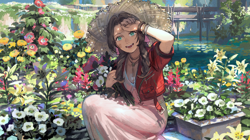 1girl aerith_gainsborough bracelet bridge brown_hair commentary cropped_jacket dirty dirty_face dress final_fantasy final_fantasy_vii final_fantasy_vii_remake flower flower_bed garden gardening hat holding holding_flower jacket jewelry lily_pad long_dress long_hair looking_at_viewer necklace open_mouth outdoors pink_dress planter red_jacket sasumata_jirou smile smudge solo squatting straw_hat sun_hat water wiping_forehead