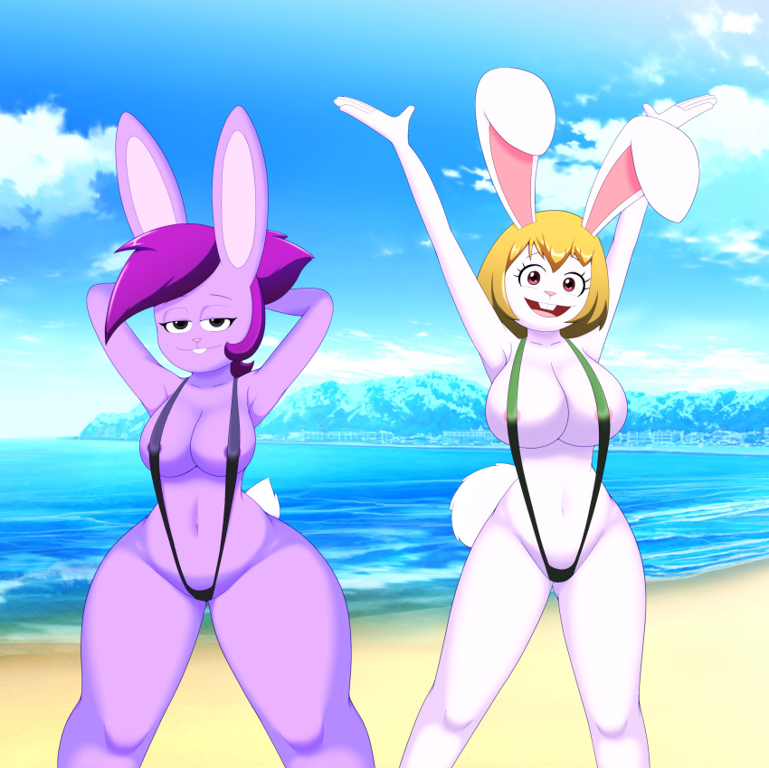 2020 4_fingers absurd_res anthro beach big_breasts bikini black_eyes blonde_hair breasts buckteeth bunny_enid carrot_(one_piece) cartoon_network clothing dr._chaos duo enid_(ok_k.o.!_lbh) female fingers fur hair half-closed_eyes hands_behind_head hi_res lagomorph leporid looking_at_viewer mammal narrowed_eyes navel ok_k.o.!_let's_be_heroes one_piece open_mouth pink_nose purple_body purple_fur purple_hair rabbit red_eyes seaside sling_bikini swimwear teeth thick_thighs tongue white_body white_fur